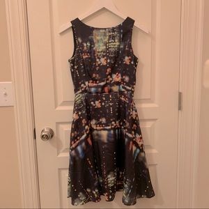 Boat Neck Sleeveless City Print Midi Dress
